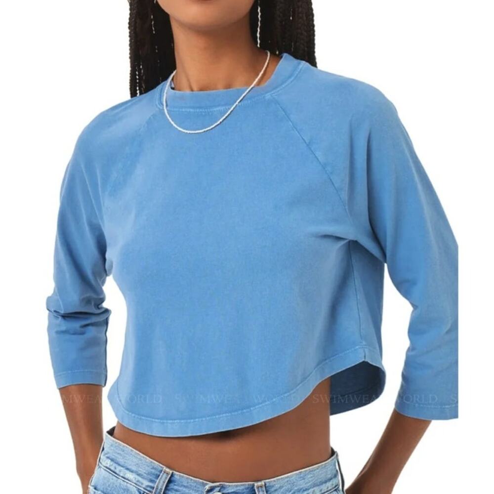 L SPACE Mel Cropped Tee Shirt 100% Cotton Blue Size Large NWT